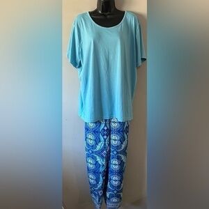 Collections etc. Solid Top & paisley blue Print Pants 2-Piece Pajama Set